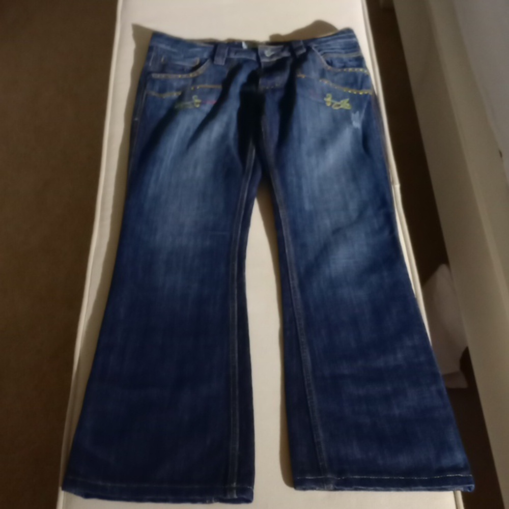 Antik denim embroidered low rise wide leg jeans 28